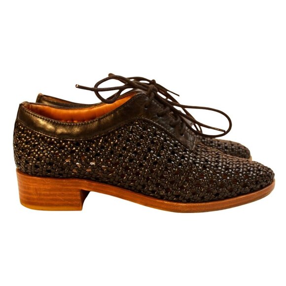 & Other Stories Black Woven Leather Oxford Shoes Lace-Up & Stacked Heel S 6.5 - Picture 2 of 10
